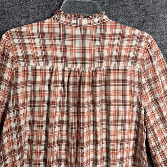 Loft Button Up Shirt Women L Ruffle Buttons & Hi Neck Orange Plaid Long Sleeve - Picture 13 of 16